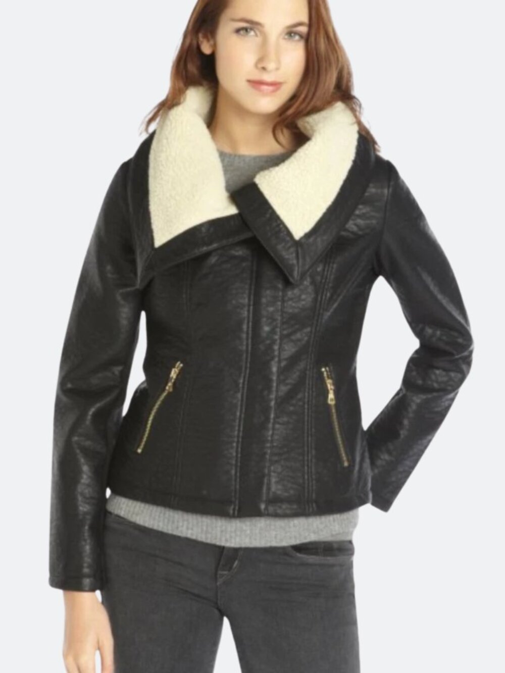 Sam Edelman Sherpa Motorcross Jacket Black Faux Leather Faux Fur Womens Sz L